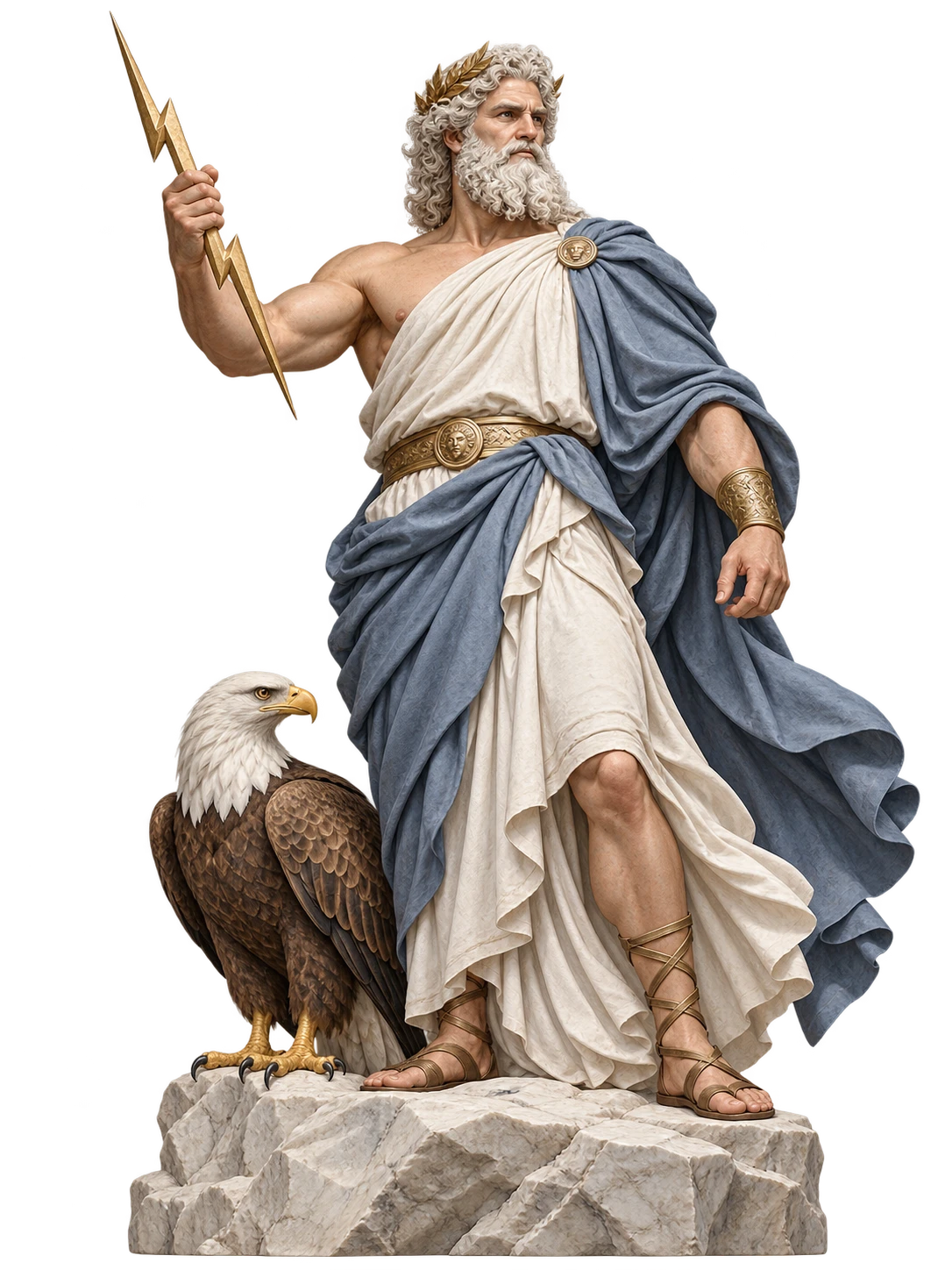 High-detail 3D Zeus standing on a black marble pedestal, holding his thunderbolt and eagle-topped sceptre